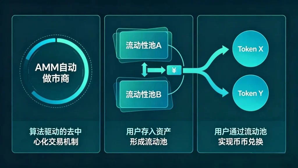 DeFi Swap 科普配图 - AMM 自动做市商公式解析、流动性池风险与币币兑换全流程展示