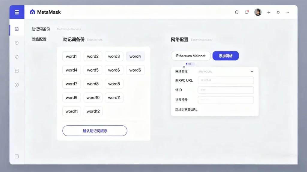 MetaMask 钱包使用演示，助记词备份与网络配置。