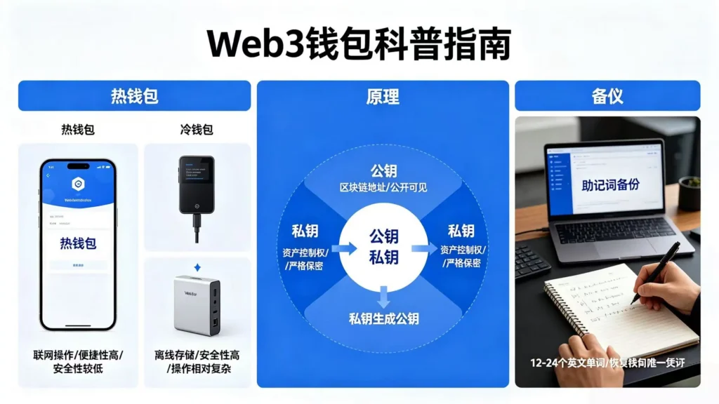 Web3 私钥安全科普配图 - 私钥泄露场景解析、硬件钱包与助记词备份全流程展示