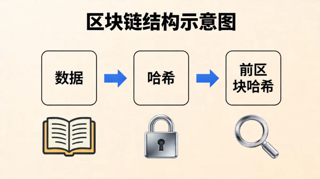 区块链结构示意图，三个区块相连展示数据哈希链条关系