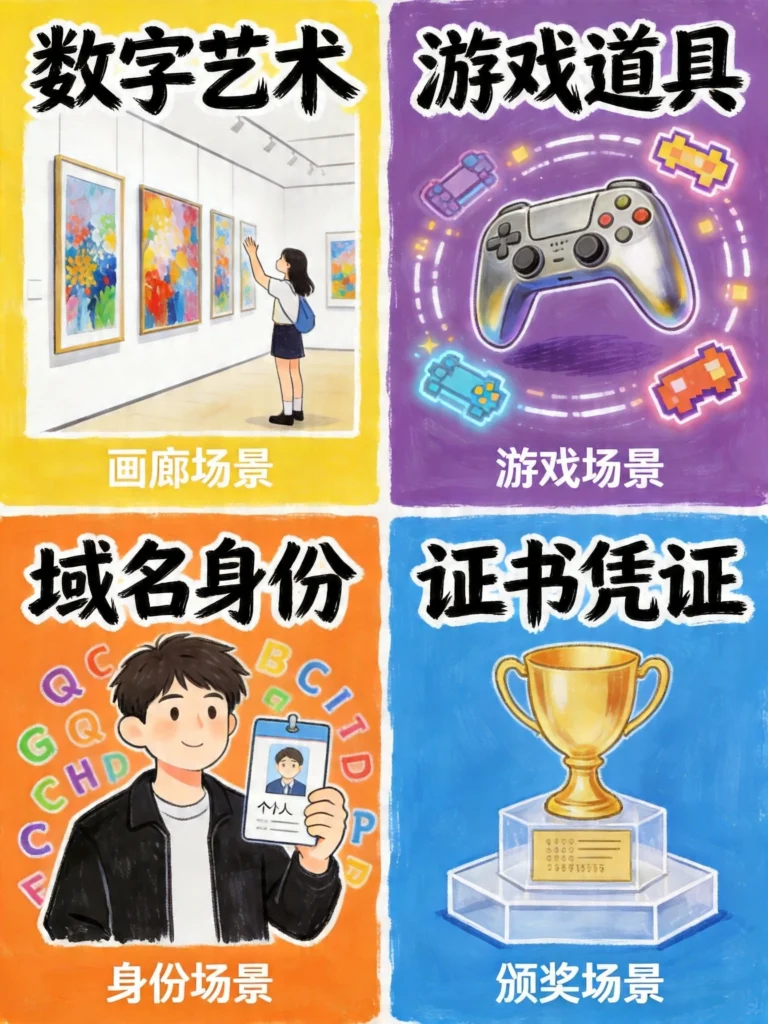 NFT四大应用场景：数字艺术、游戏道具、域名身份、证书凭证