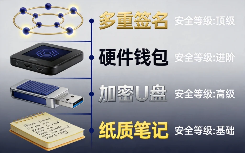 四级私钥保管方案：纸质笔记→加密U盘→硬件钱包→多重签名