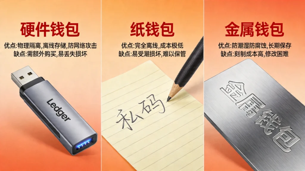 三种备份方法对比：硬件钱包（物理隔离）、纸钱包（完全离线）、金属钱包（长期保存）