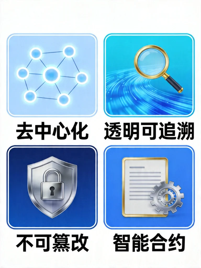  区块链四大核心特点四宫格：去中心化、透明可追溯、不可篡改、智能合约