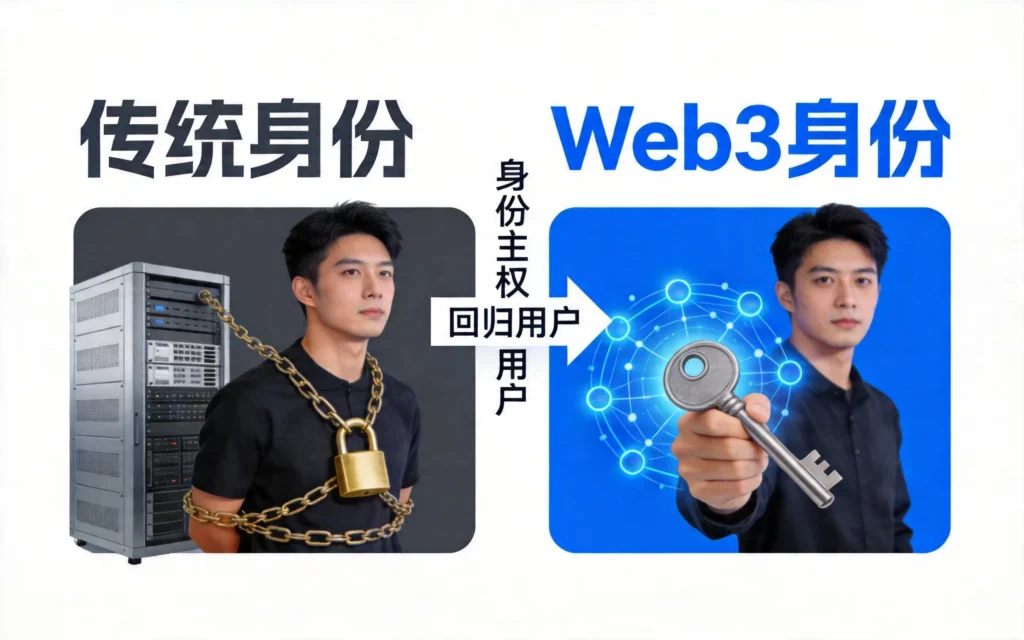 传统身份（用户被服务器锁链束缚）vs Web3身份（用户手握钥匙自主控制），身份主权回归用户