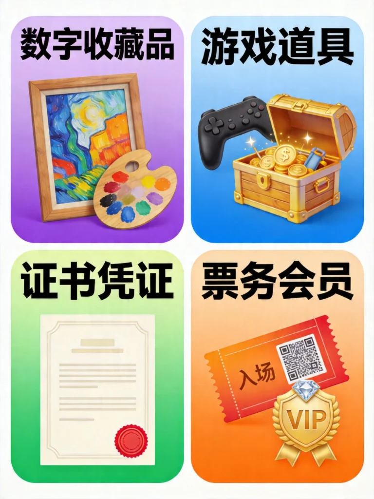 NFT四大应用场景四宫格：数字收藏品、游戏道具、证书凭证、票务会员