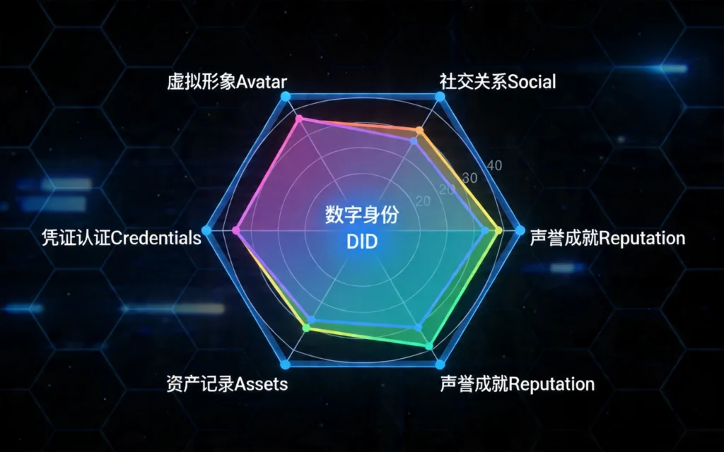 数字身份六维雷达图，虚拟形象社交声誉资产凭证行为历史全覆盖