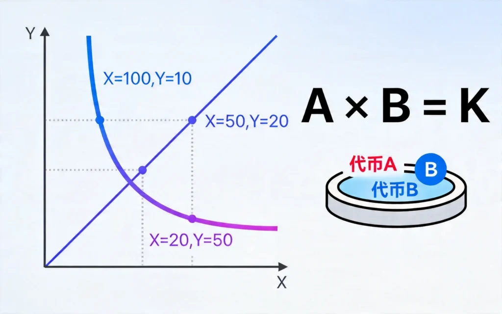 AMM恒定乘积公式曲线图，X×Y=K直观展示代币兑换原理
