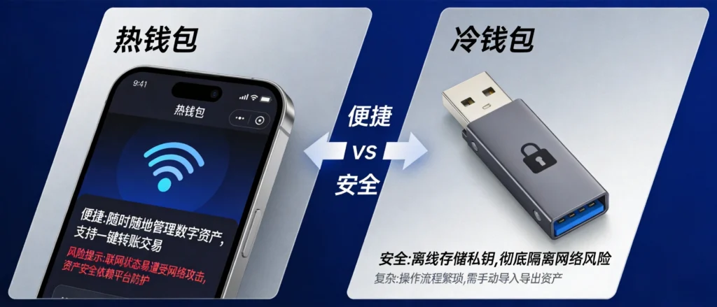 热钱包与冷钱包类型对比，深蓝银灰技术文档风格