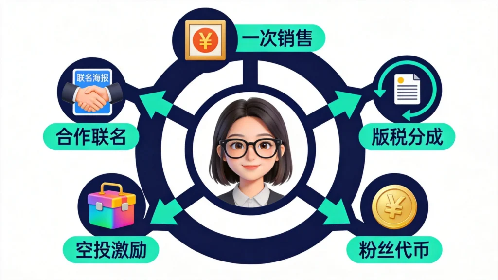 五种Web3创作者变现模式，深蓝青绿商业流程图风格