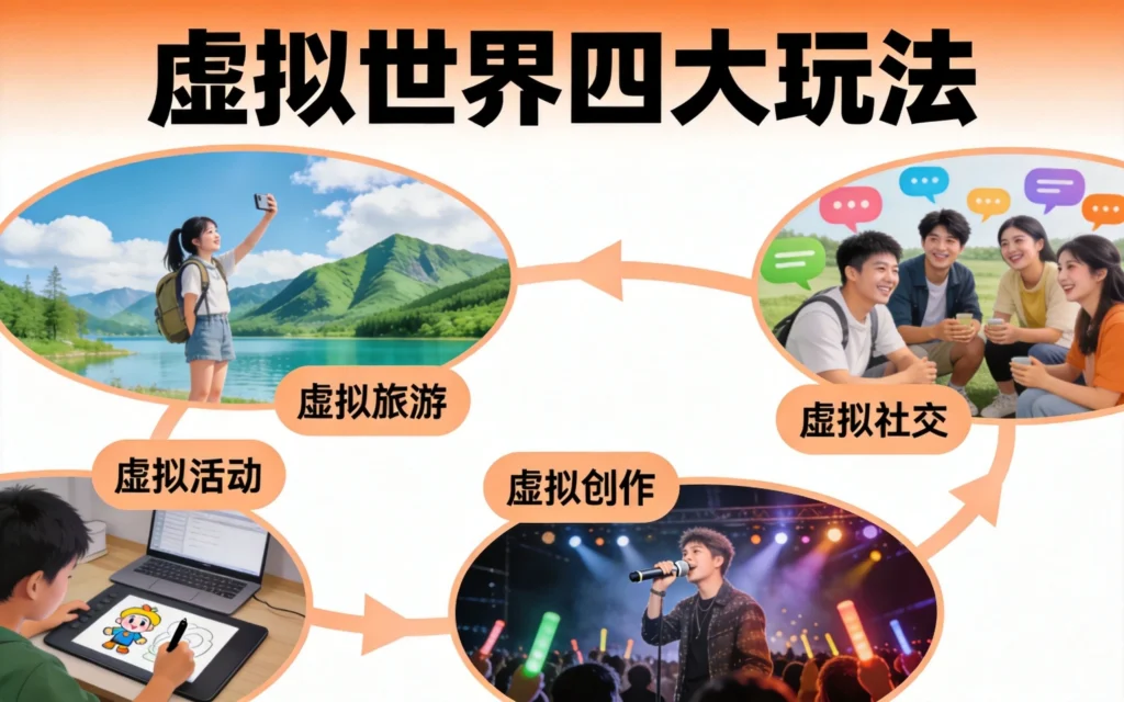 虚拟世界四大玩法场景，橙绿活泼数字插画风格
