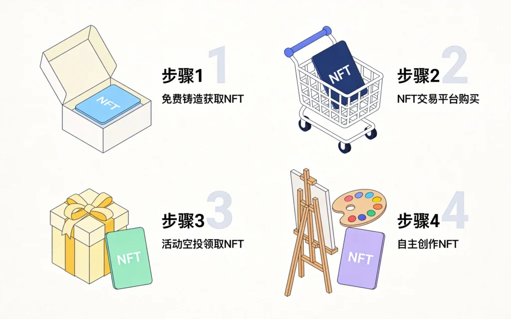 NFT免费铸造市场购买活动空投自主创作四种获取方式图