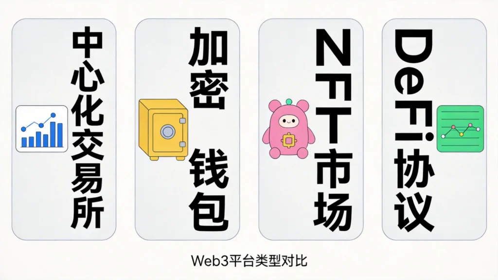 交易所钱包NFT市场DeFi协议四大Web3平台类型图
