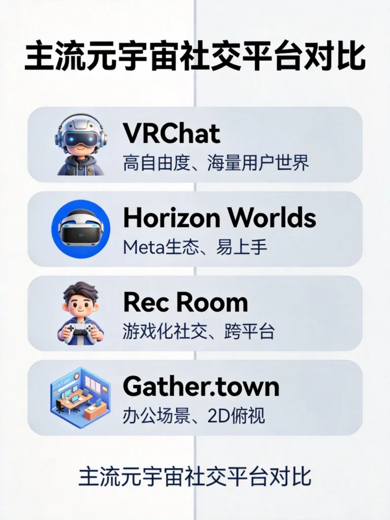 VRChat、Horizon Worlds、Rec Room、Gather.town四大元宇宙社交平台核心特点对比