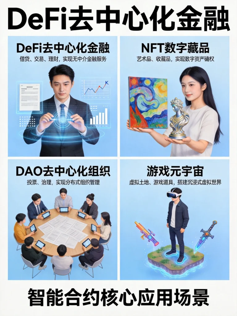 智能合约核心应用场景：DeFi金融、NFT藏品、DAO治理、游戏元宇宙四大领域