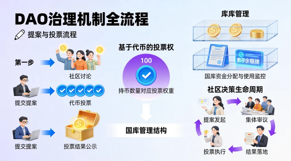 DAO治理机制流程图,提案投票与代币治理的完整决策链路