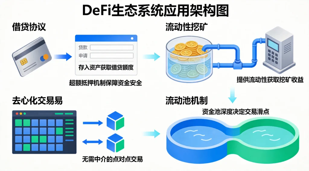 DeFi生态应用场景图,借贷协议与去中心化交易所的运作机制