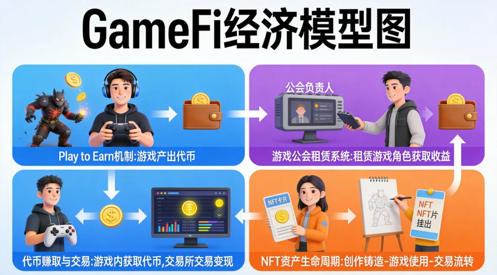 GameFi经济模型图解,游戏公会与代币交易的完整生态链路