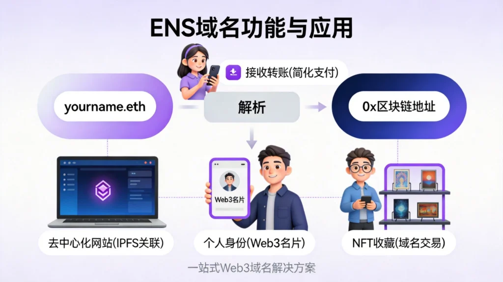 ENS域名功能应用图,域名解析流程与四大用途,以太坊身份系统使用指南