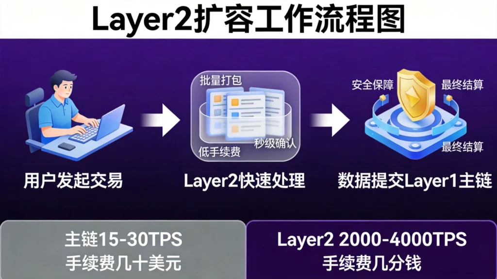 Layer2扩容工作流程图,展示交易从快速处理到主链结算的全过程,对比主链与Layer2性能差距