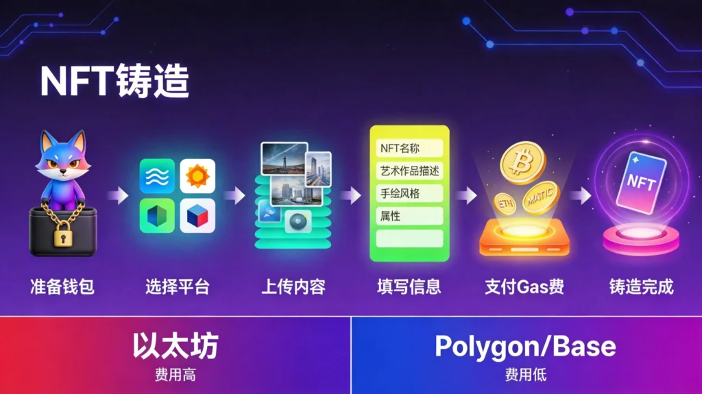 NFT铸造流程图，六步从准备钱包到铸造完成的详细步骤，不同链Gas费对比