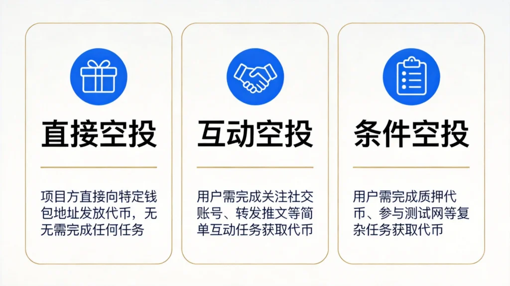 Web3空投类型对比图,展示直接空投、互动式空投、条件式空投三种形式