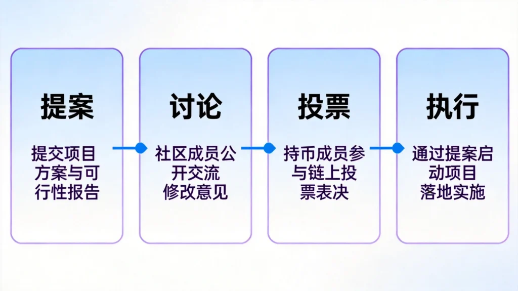 AO治理四阶段流程图，从提案提交、社区讨论到投票执行的完整治理周期