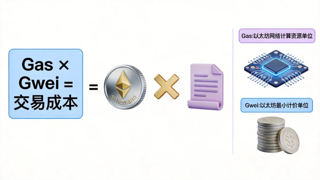 Gas费计算公式图解，Gas乘以Gwei等于以太坊交易手续费的成本结构