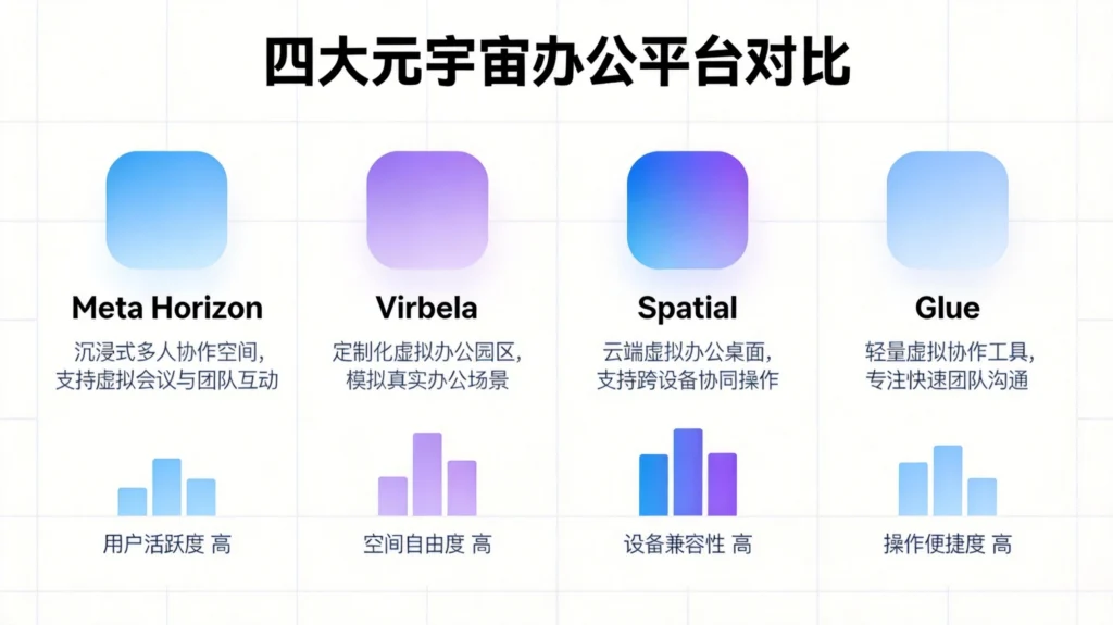 主流元宇宙办公平台对比图,展示Meta Horizon、Virbela、Spatial、Glue四大平台特点