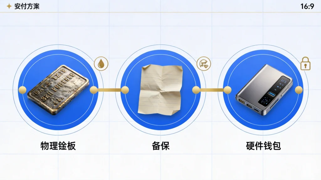 助记词备份策略对比图，从物理备份到硬件钱包的安全等级分析