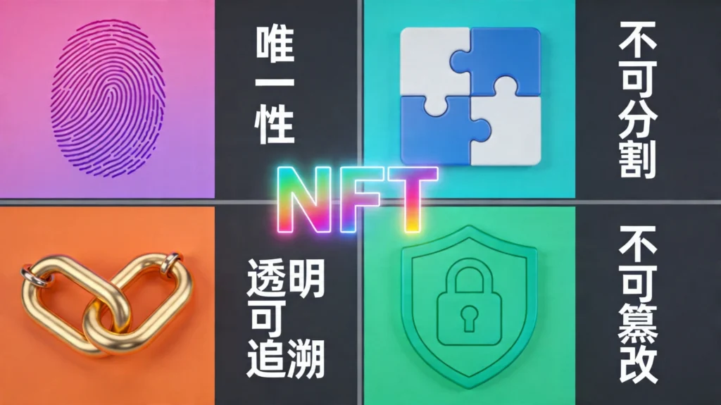 NFT核心特点四象限图，唯一性不可分割透明可追溯不可篡改一目了然