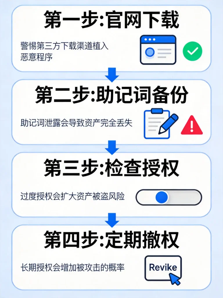 四宫格纵向串联下载-备份-授权-撤权全流程，每步配风险提示清晰实用